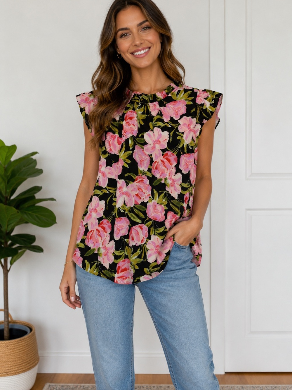 Womens Floral Flutter Sleeve Blouse - Pink on Black
